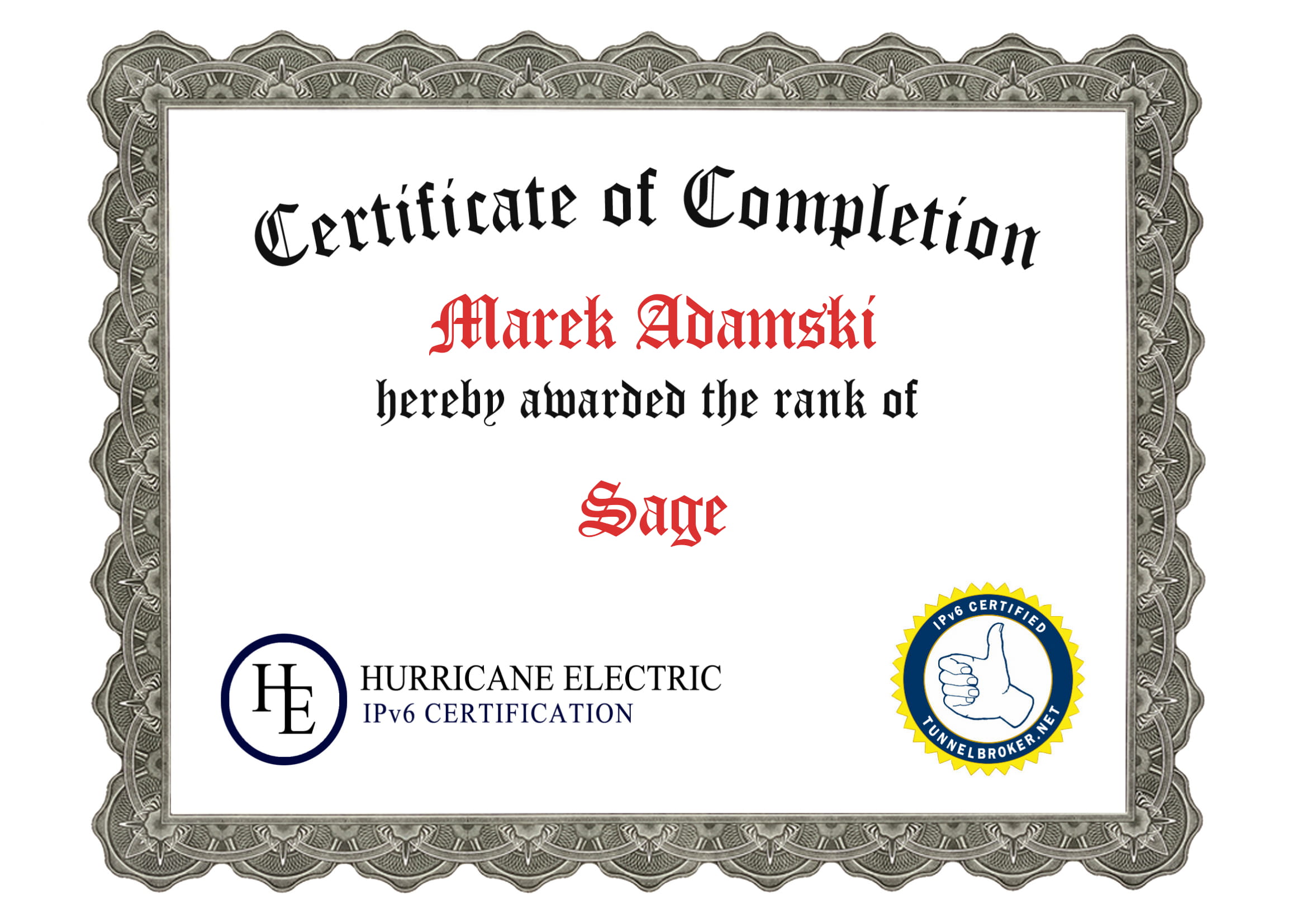 Hurricane Electric IPv6 Certification